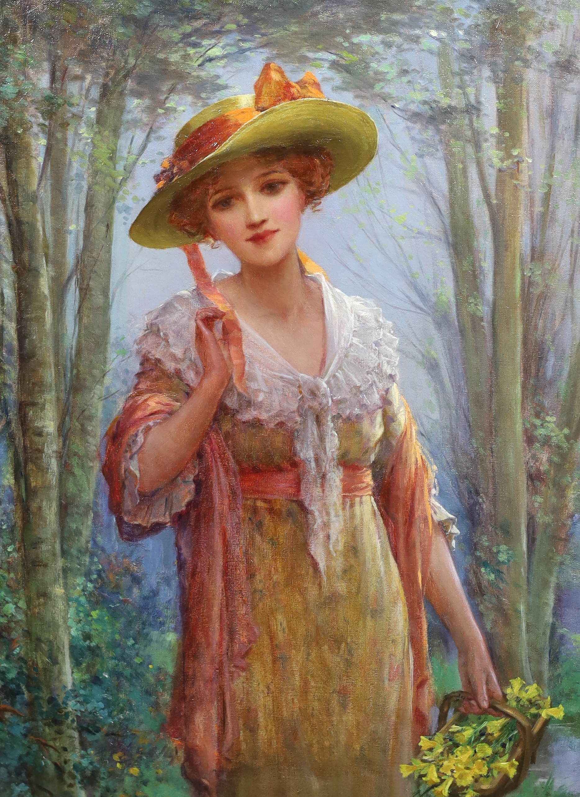 Sydney Percy Kendrick (English, 1874-1955), 'Gathering Daffodils', oil on canvas, 55 x 40cm